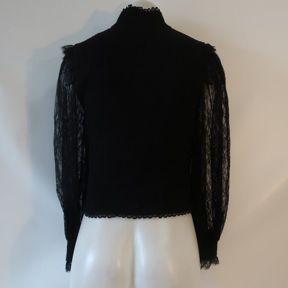 Womens Alice + Olivia Black Knit Button Down Blouse W/Lace Sheer Sleeves M - Picture 12 of 13